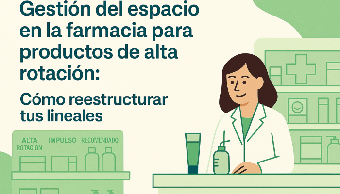 Farmacéutica con productos de alta rotación en diferentes lineales de su farmacia