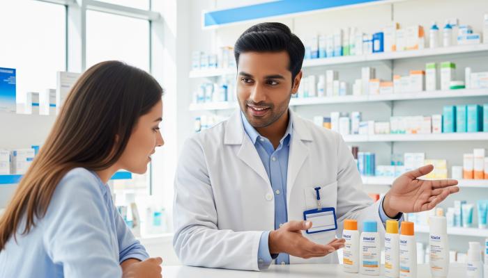 farmacéutico-recomendando-diferentes-opciones-protecciones-solares