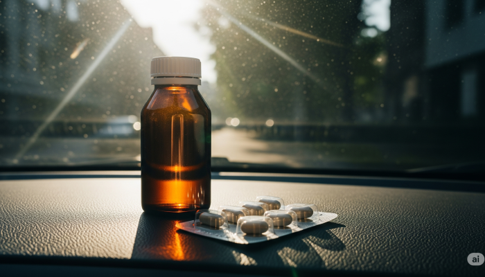 Medicamentos al sol dentro de un coche