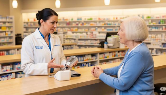Una farmacéutica aconseja sobre autocuidado responsable con un tensiómetro a una paciente mayor