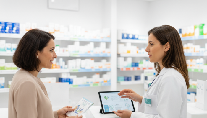 Una farmacéutica habla con una mujer sobre consejo en insomnio, estrés o ansiedad