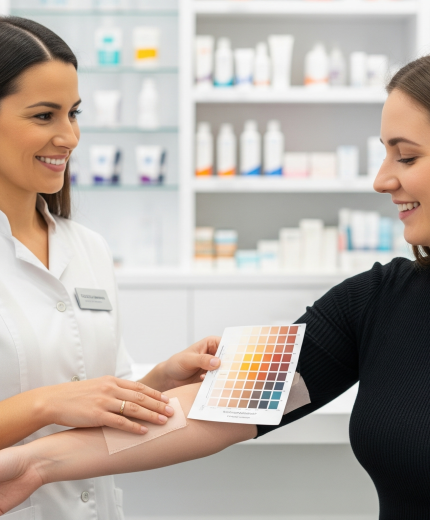 Farmacéutica comprobando el fototipo de una paciente
