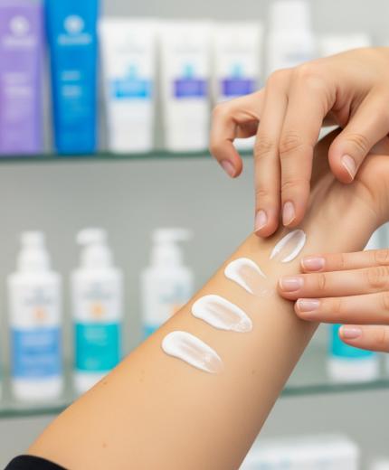 Farmacéutico probando diferentes filtros fotoprotección en la piel de un paciente