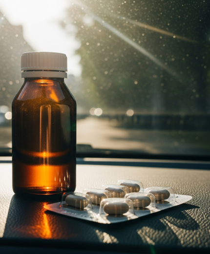 Medicamentos al sol dentro de un coche