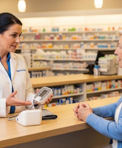 Una farmacéutica aconseja sobre autocuidado responsable con un tensiómetro a una paciente mayor