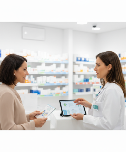 Una farmacéutica habla con una mujer sobre consejo en insomnio, estrés o ansiedad