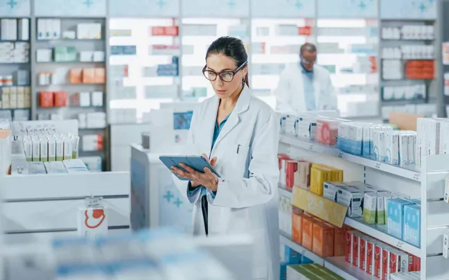 Farmacéutica usa la tablet en la farmacia farmaceutica-con-tablet-en-la-farmacia