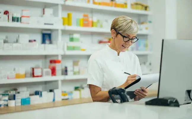 Farmacéutica usa la tablet en el mostrador de la farmacia farmaceutica-usa-tablet-en-mostrador