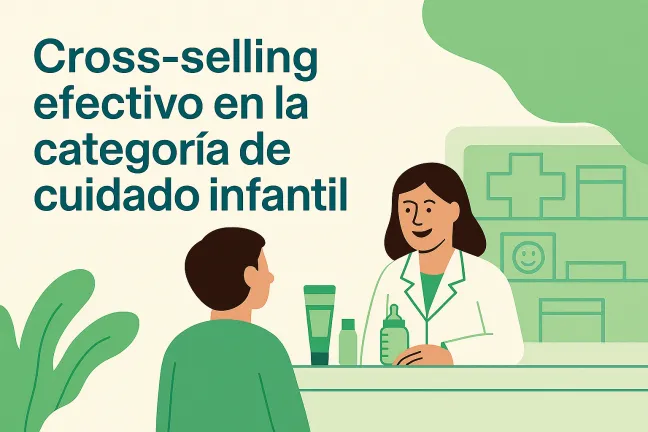 El potencial del cross-selling en cuidado infantil Farmacéutica recomendando productos de cuidado infantil