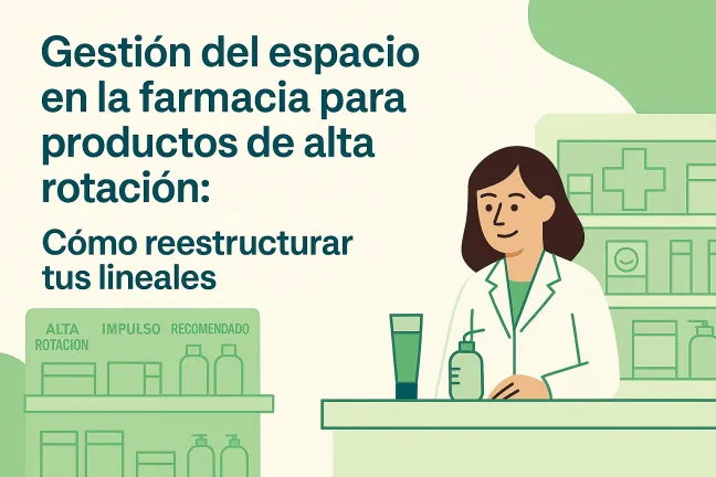 Gestión del espacio en la farmacia para productos de alta rotación Farmacéutica con productos de alta rotación en diferentes lineales de su farmacia
