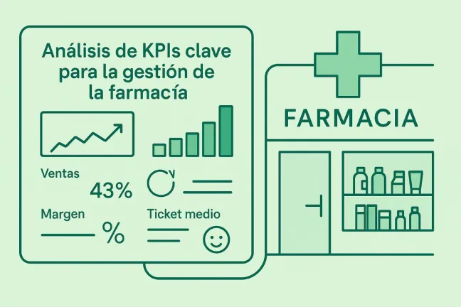 Análisis de KPIs Clave para la Gestión de la Farmacia Una farmacia con un panel de los KPIs más importantes para su gestión