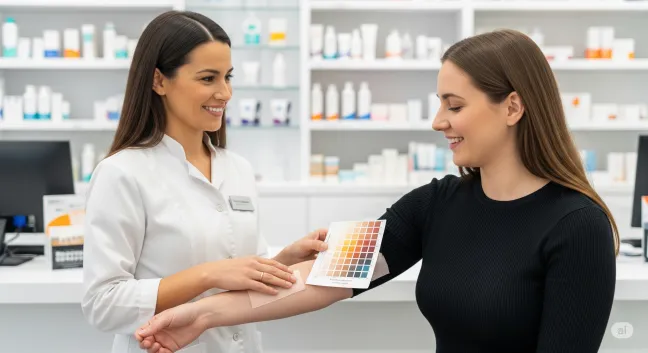 El Consejo Experto en Fotoprotección: Personalización según Fototipo y Necesidades Específicas Farmacéutica comprobando el fototipo de una paciente