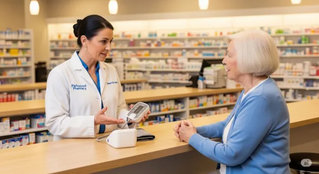 El Farmacéutico como Educador Sanitario: El Pilar del Autocuidado Responsable Una farmacéutica aconseja sobre autocuidado responsable con un tensiómetro a una paciente mayor