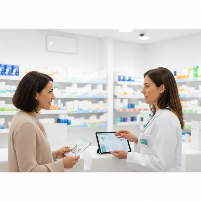 El Consejo Farmacéutico en la Salud Mental: Herramientas para el Abordaje del Insomnio, la Ansiedad y el Estrés desde el Mostrador Una farmacéutica habla con una mujer sobre consejo en insomnio, estrés o ansiedad