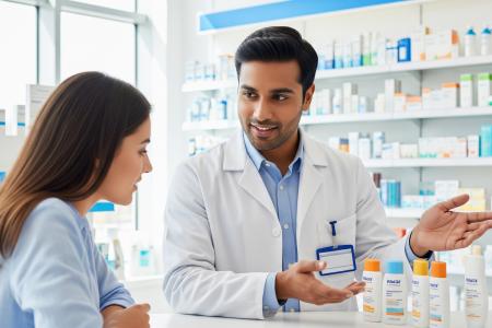 farmacéutico-recomendando-diferentes-opciones-protecciones-solares