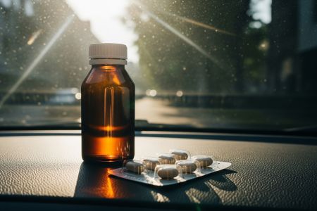 Medicamentos al sol dentro de un coche