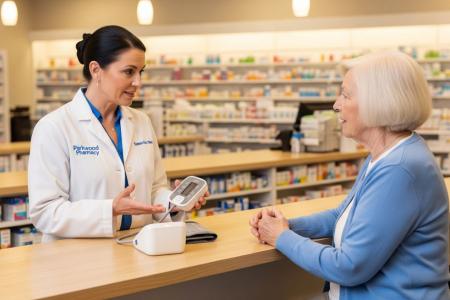 Una farmacéutica aconseja sobre autocuidado responsable con un tensiómetro a una paciente mayor