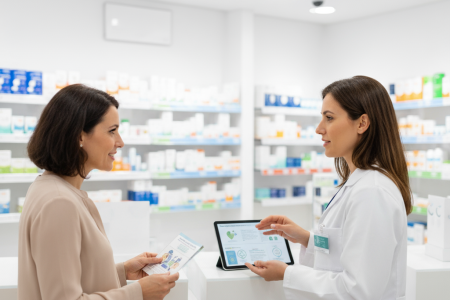 Una farmacéutica habla con una mujer sobre consejo en insomnio, estrés o ansiedad